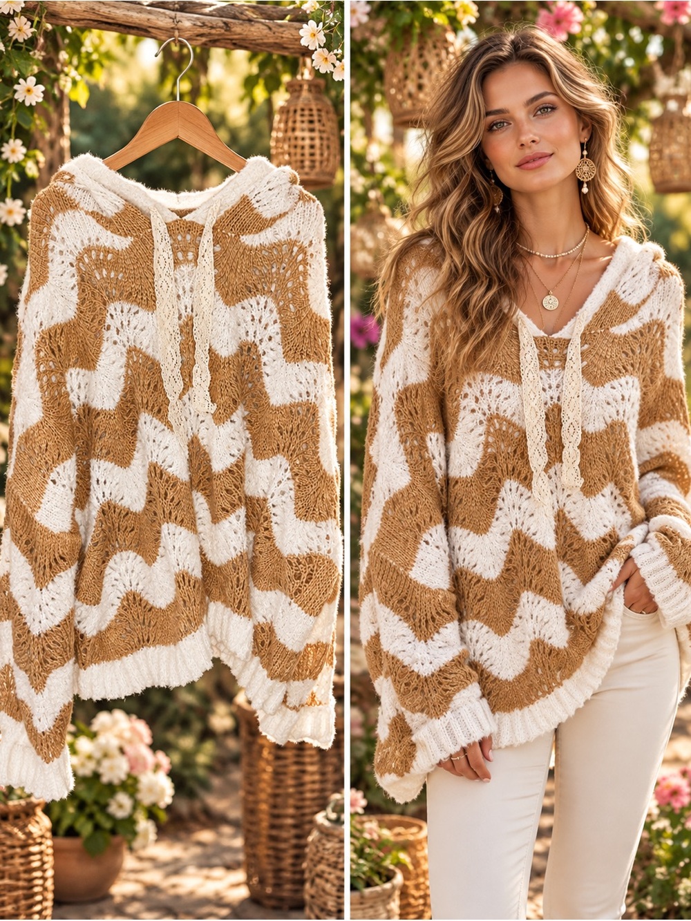 Three Bird Nest Wavy Knit Hoodie - Camel (POL Clothing)